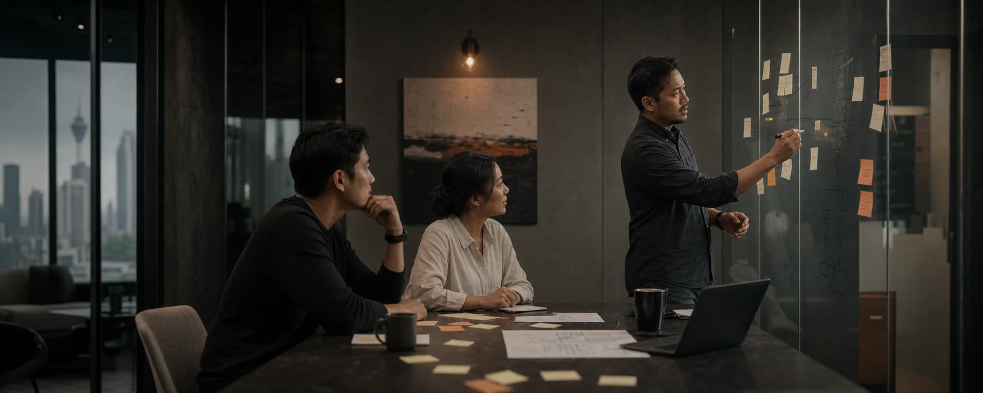 A consulting team mapping a client workflow in a working session